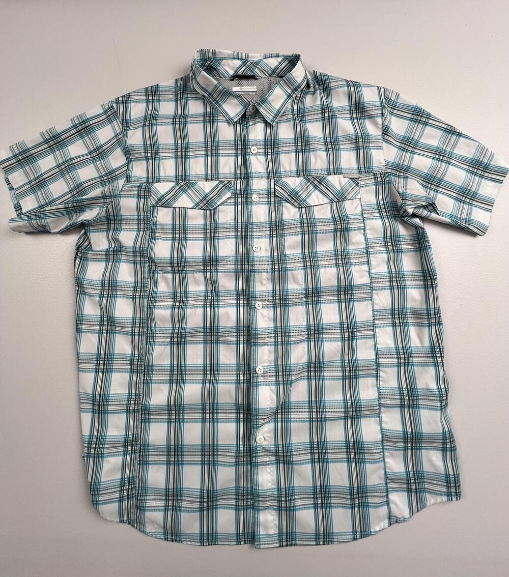 Columbia Shirt Mens XL Blue Plaid Short Sleeve Button Front Lined Casual